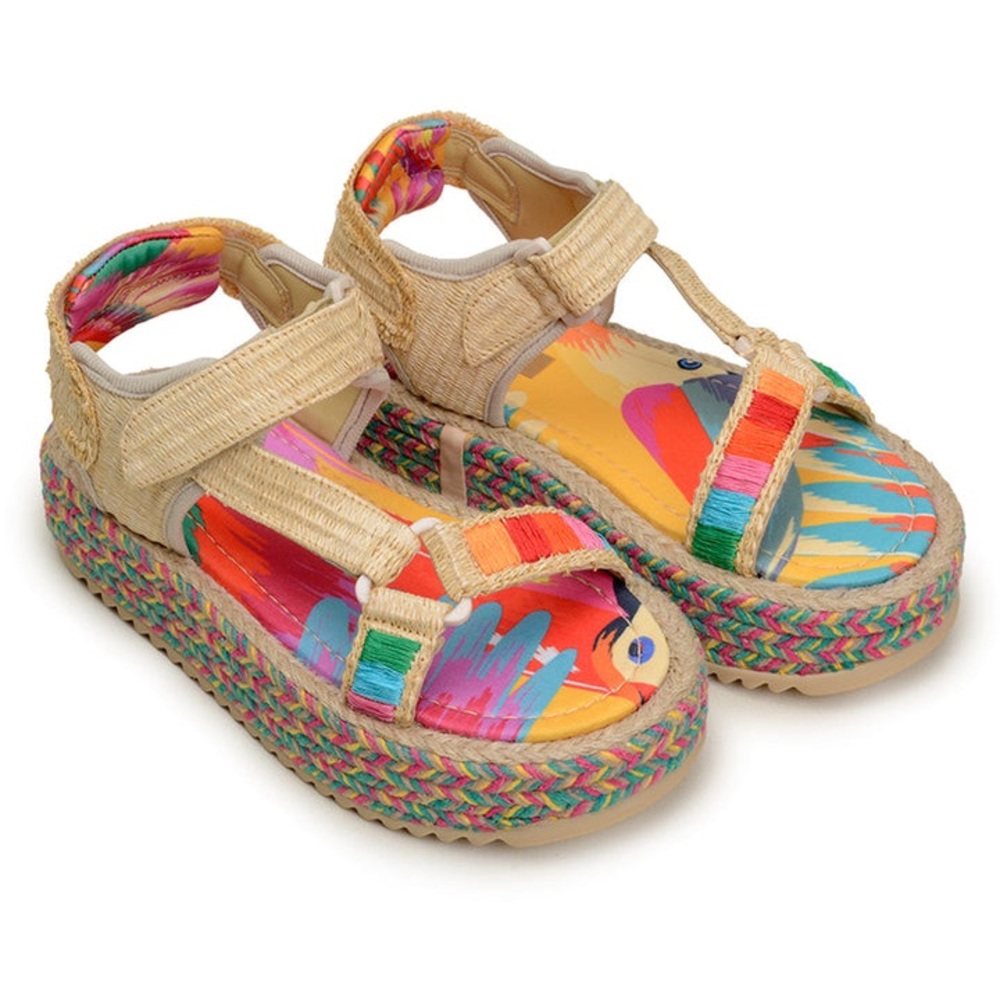 FARM RIO COLORFUL TOUCANS FLATFORM RAFFIA VELCRO SANDAL